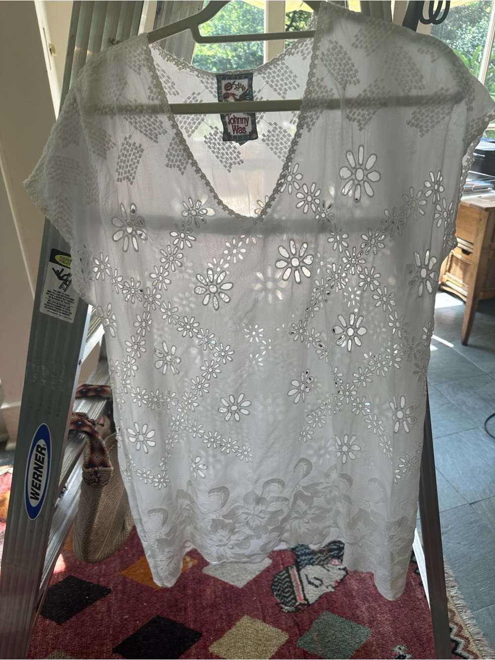 Johnny Was Women's White Eyelet Floral V-Neck Top